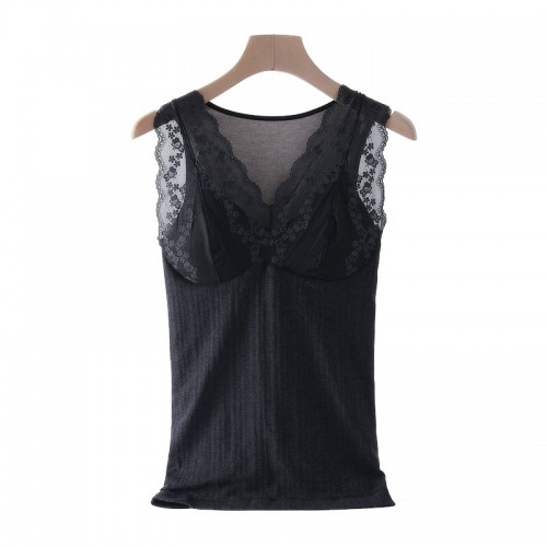 Lace Decor Thermal Tank Top, V-neck Warm Sleeveless Top With Wirefree Bra, Women's Clothing